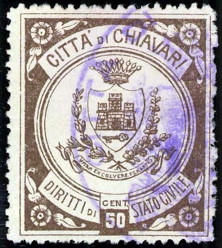 Marca da Bollo del Comune di CHIAVARI su Carta Bianca di dimensioni 23 x 27 mm