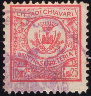 Marca da Bollo del Comune di CHIAVARI su Carta Bianca Sottile di dimensioni 19 x 20,5 mm