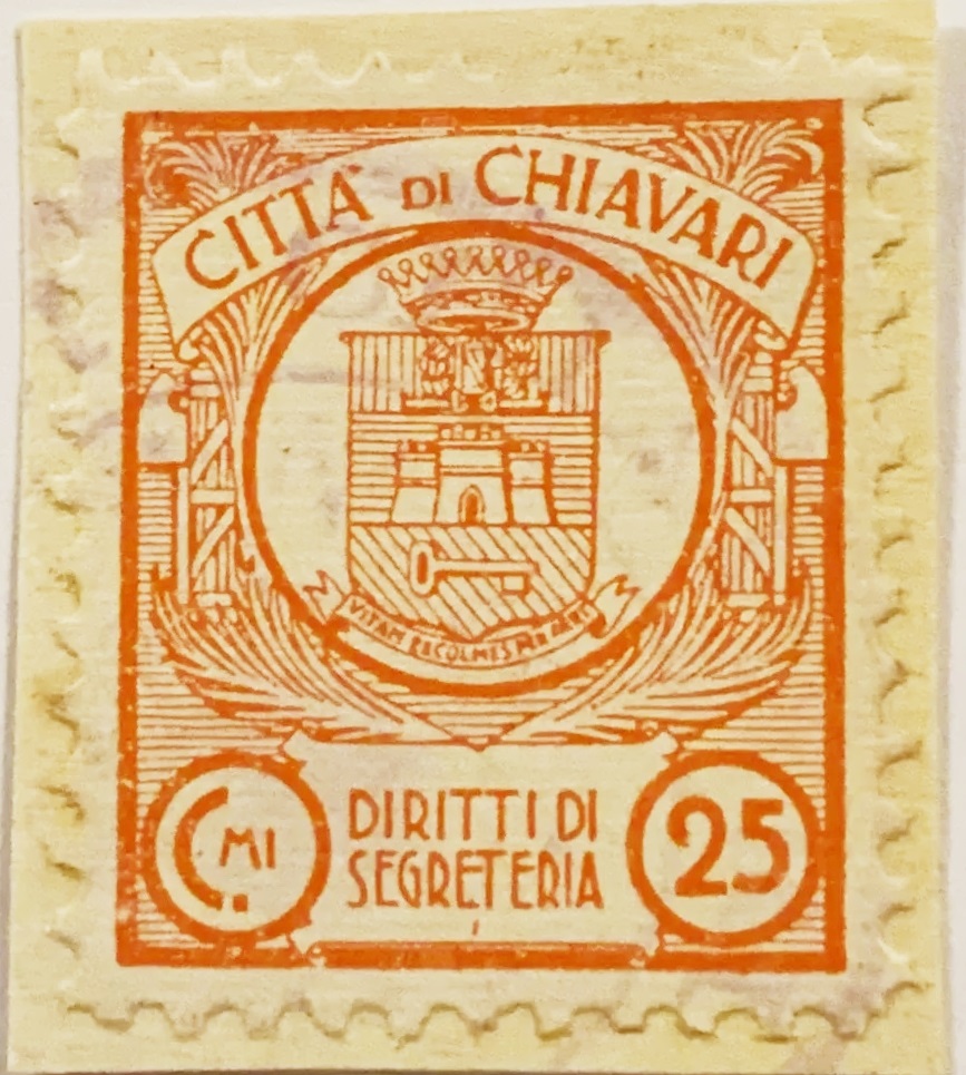 Marca da Bollo del Comune di CHIAVARI su Carta Bianca di dimensioni 17,5 x 21 mm