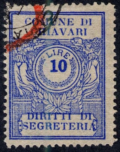 Marca da Bollo del Comune di CHIAVARI su Carta Bianca di dimensioni 22 x 30 mm