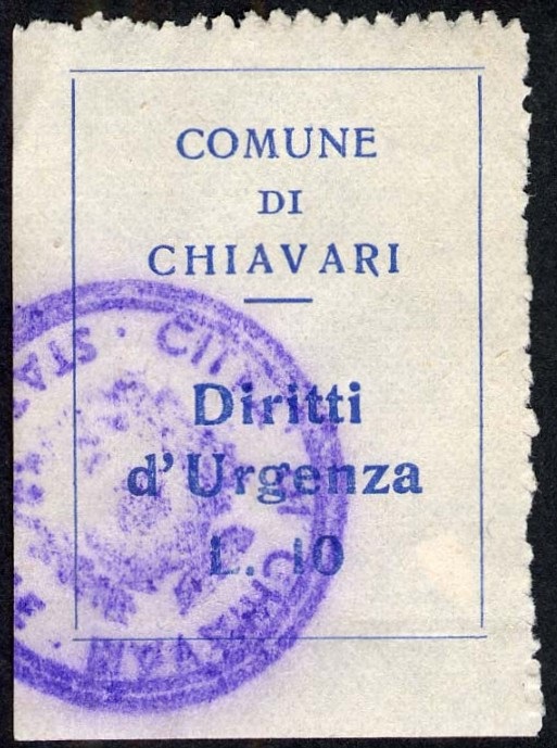 Marca da Bollo del Comune di CHIAVARI su Carta Bianca Sottile di dimensioni 26,5 x 37 mm