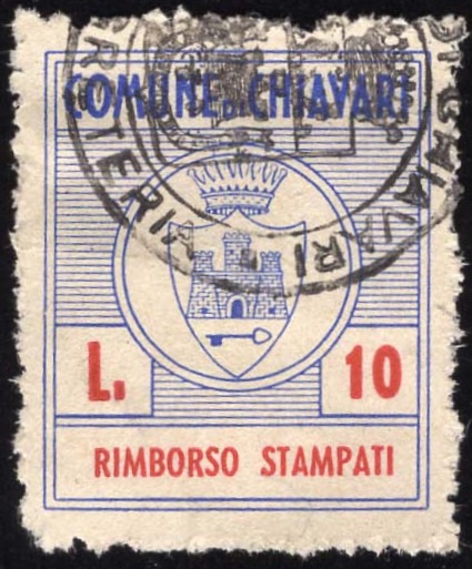 Marca da Bollo del Comune di CHIAVARI su Carta Bianca Sottile di dimensioni 22 x 26 mm