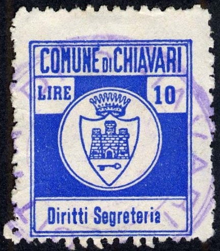 Marca da Bollo del Comune di CHIAVARI su Carta Bianca di dimensioni 22 x 27 mm