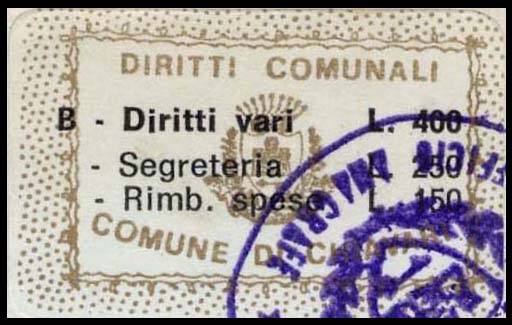 Marca da Bollo del Comune di CHIAVARI su Carta Bianca di dimensioni 33 x 21 mm