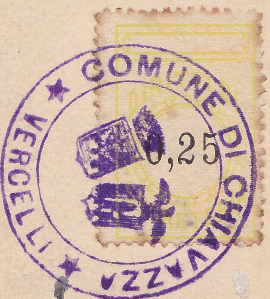 Marca da Bollo del Comune di CHIAVAZZA su Carta Bianca di dimensioni 20 x 30,5 mm