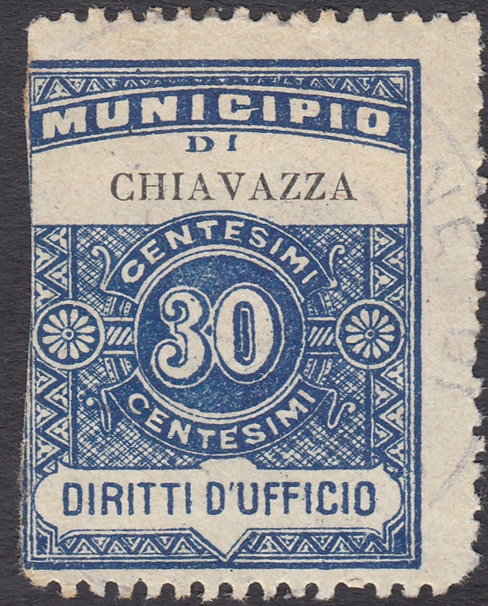 Marca da Bollo del Comune di CHIAVAZZA su Carta Bianca di dimensioni 24 x 30,5 mm