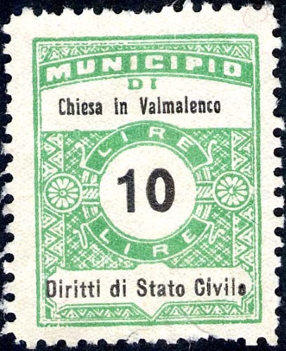 Marca da Bollo del Comune di CHIESA IN VALMALENCO su Carta Bianca Sottile di dimensioni 22,5 x 29 mm