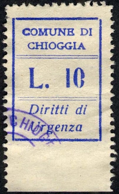 Marca da Bollo del Comune di CHIOGGIA su Carta Bianca Sottile di dimensioni 19 x 26,5 mm