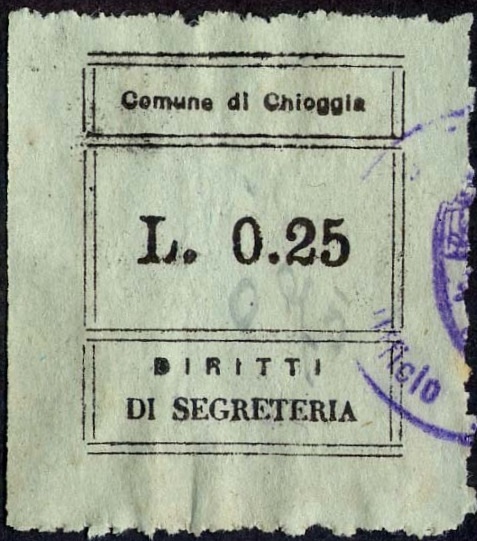 Marca da Bollo del Comune di CHIOGGIA su Carta Colorata di dimensioni 20 x 29,5 mm