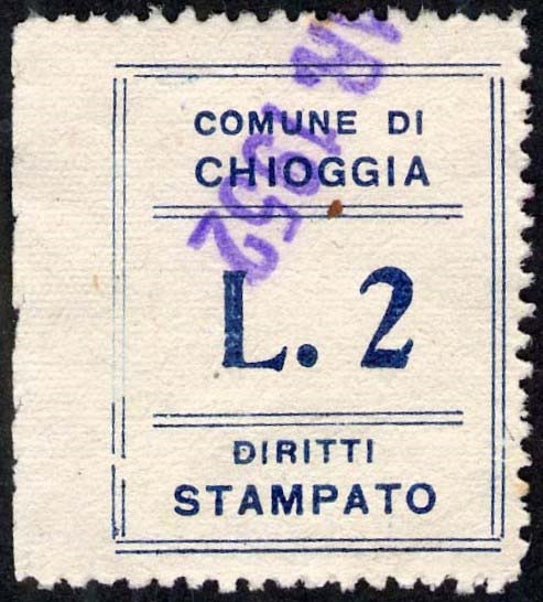 Marca da Bollo del Comune di CHIOGGIA su Carta Bianca di dimensioni 21 x 30 mm