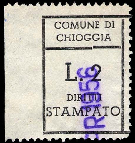 Marca da Bollo del Comune di CHIOGGIA su Carta Bianca Sottile di dimensioni 19 x 26,5 mm