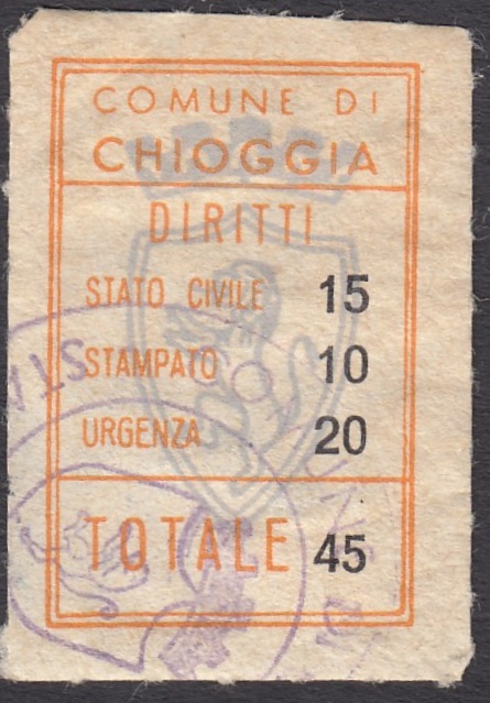 Marca da Bollo del Comune di CHIOGGIA su Carta Bianca di dimensioni 16,5 x 30 mm