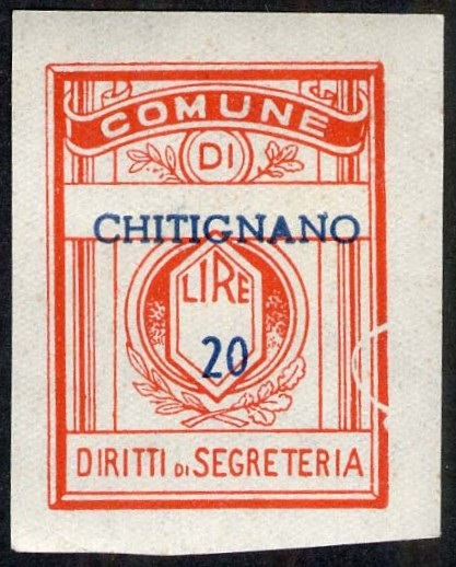 Marca da Bollo del Comune di CHITIGNANO su Carta Bianca di dimensioni 21 x 27,5 mm