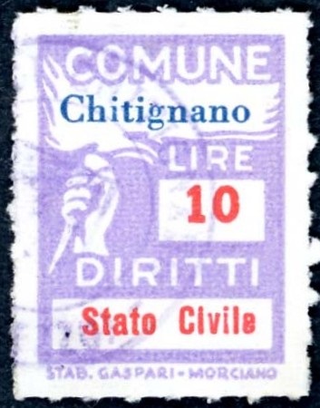 Marca da Bollo del Comune di CHITIGNANO su Carta Bianca di dimensioni 18,5 x 26 mm