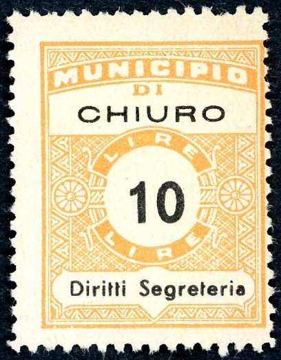 Marca da Bollo del Comune di CHIURO su Carta Bianca Sottile di dimensioni 22,5 x 29 mm