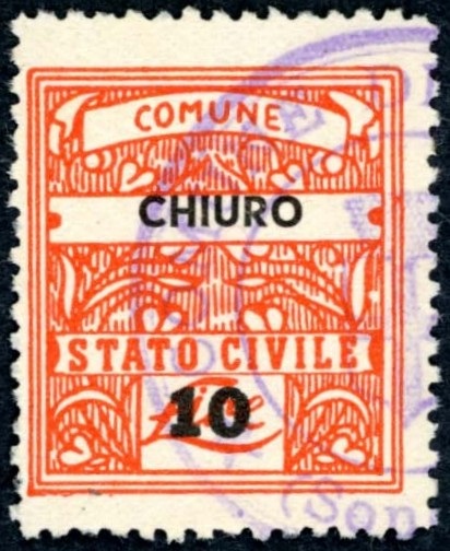 Marca da Bollo del Comune di CHIURO su Carta Bianca Sottile di dimensioni 23,2 x 26,5 mm
