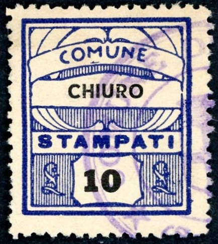 Marca da Bollo del Comune di CHIURO su Carta Bianca di dimensioni 23 x 27 mm