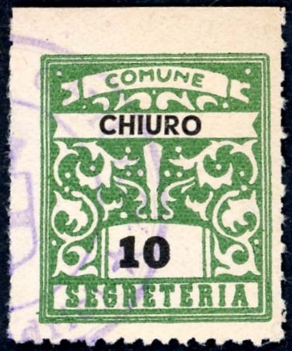 Marca da Bollo del Comune di CHIURO su Carta Bianca di dimensioni 23 x 27 mm