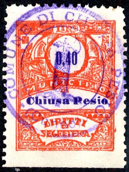 Marca da Bollo del Comune di CHIUSA DI PESIO su Carta Bianca di dimensioni 21,5 x 28 mm
