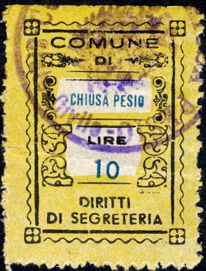 Marca da Bollo del Comune di CHIUSA DI PESIO su Carta Colorata di dimensioni mm