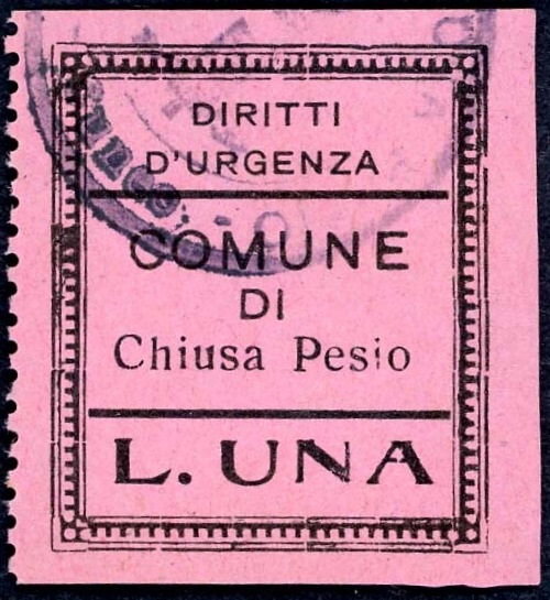 Marca da Bollo del Comune di CHIUSA DI PESIO su Carta Colorata di dimensioni mm
