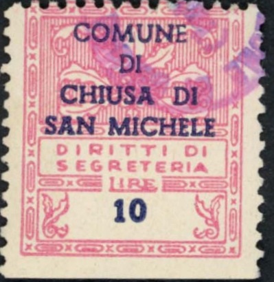 Marca da Bollo del Comune di CHIUSA DI SAN MICHELE su Carta Bianca di dimensioni 21 x 24 mm