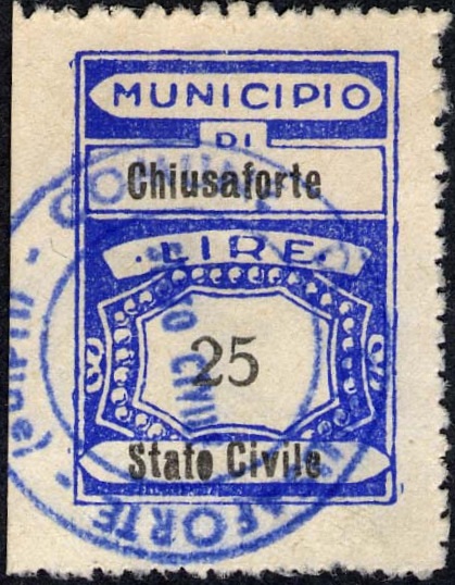 Marca da Bollo del Comune di CHIUSAFORTE su Carta Bianca Sottile di dimensioni 21,5 x 31 mm