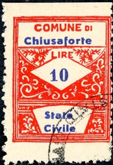 Marca da Bollo del Comune di CHIUSAFORTE su Carta Bianca Sottile di dimensioni 21,5 x 31 mm