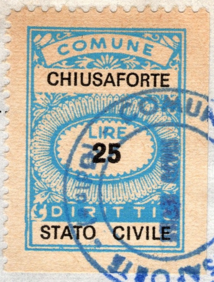 Marca da Bollo del Comune di CHIUSAFORTE su Carta Bianca di dimensioni 20 x 28 mm