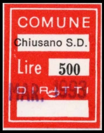 Marca da Bollo del Comune di CHIUSANO DI SAN DOMENICO su Carta Bianca di dimensioni 21 X 27 mm