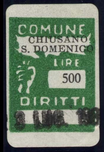 Marca da Bollo del Comune di CHIUSANO DI SAN DOMENICO su Carta Bianca di dimensioni 20 x 27 mm