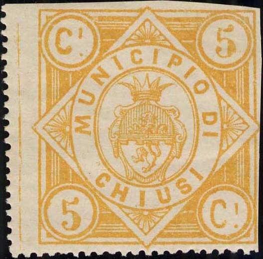 Marca da Bollo del Comune di CHIUSI su Carta Bianca di dimensioni 32 x 34,5 mm