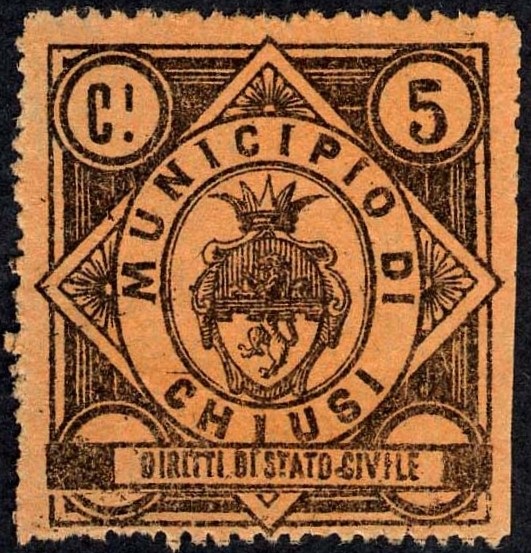 Marca da Bollo del Comune di CHIUSI su Carta Colorata di dimensioni 32,5 x 35 mm