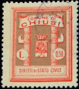 Marca da Bollo del Comune di CHIUSI su Carta Bianca di dimensioni 22 x 25 mm