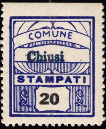 Marca da Bollo del Comune di CHIUSI su Carta Bianca di dimensioni 23 x 27 mm