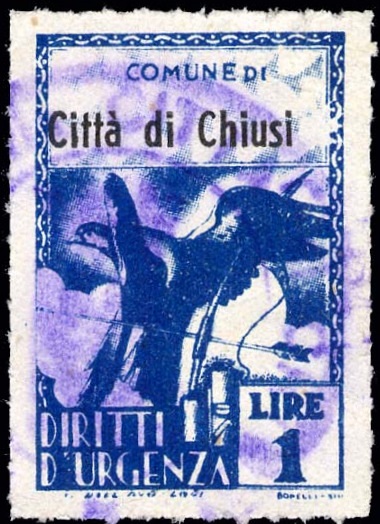 Marca da Bollo del Comune di CHIUSI su Carta Bianca Sottile di dimensioni 21 X 32 mm