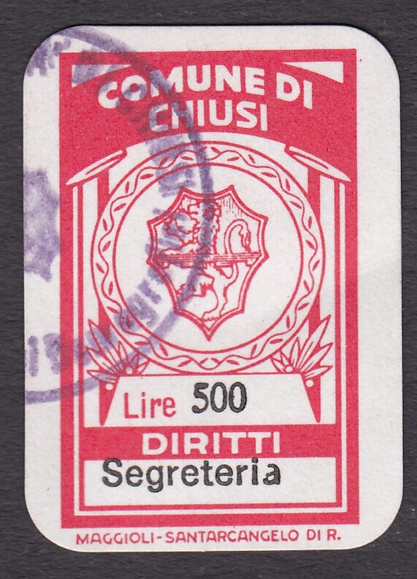 Marca da Bollo del Comune di CHIUSI su Carta Bianca di dimensioni 18,5 x 30 mm