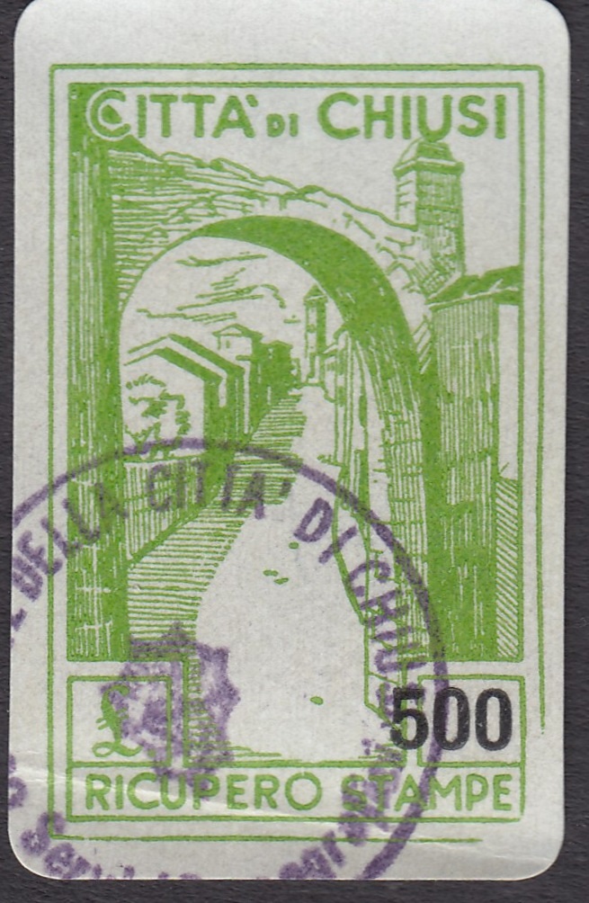 Marca da Bollo del Comune di CHIUSI su Carta Bianca di dimensioni 18,5 x 30 mm