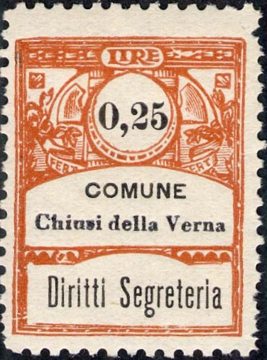 Marca da Bollo del Comune di CHIUSI DELLA VERNA su Carta Bianca Sottile di dimensioni 21,5 x 28,5 mm