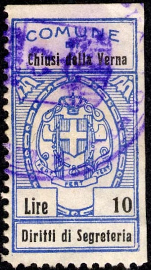 Marca da Bollo del Comune di CHIUSI DELLA VERNA su Carta Bianca Sottile di dimensioni 17,5 x 32,5 mm