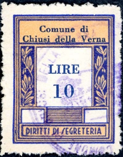 Marca da Bollo del Comune di CHIUSI DELLA VERNA su Carta Bianca Sottile di dimensioni 23 x 29,5 mm