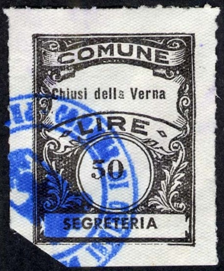 Marca da Bollo del Comune di CHIUSI DELLA VERNA su Carta Bianca di dimensioni 22,5 x 29 mm