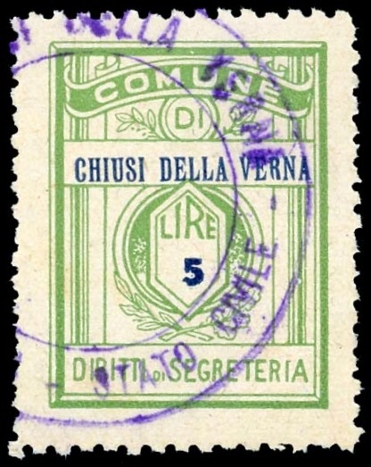 Marca da Bollo del Comune di CHIUSI DELLA VERNA su Carta Bianca di dimensioni 21 x 27,5 mm