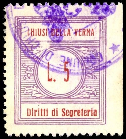 Marca da Bollo del Comune di CHIUSI DELLA VERNA su Carta Bianca di dimensioni 22 x 26 mm