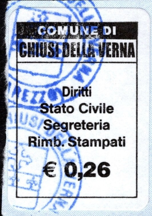 Marca da Bollo del Comune di CHIUSI DELLA VERNA su Carta Bianca di dimensioni 20 x 19 mm