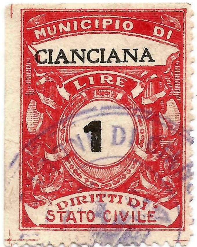 Marca da Bollo del Comune di CIANCIANA su Carta Bianca di dimensioni mm