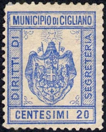 Marca da Bollo del Comune di CIGLIANO su Carta Bianca di dimensioni 20 x 25,5 mm