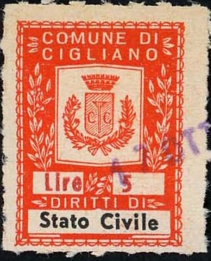 Marca da Bollo del Comune di CIGLIANO su Carta Bianca Sottile di dimensioni 21 X 27 mm