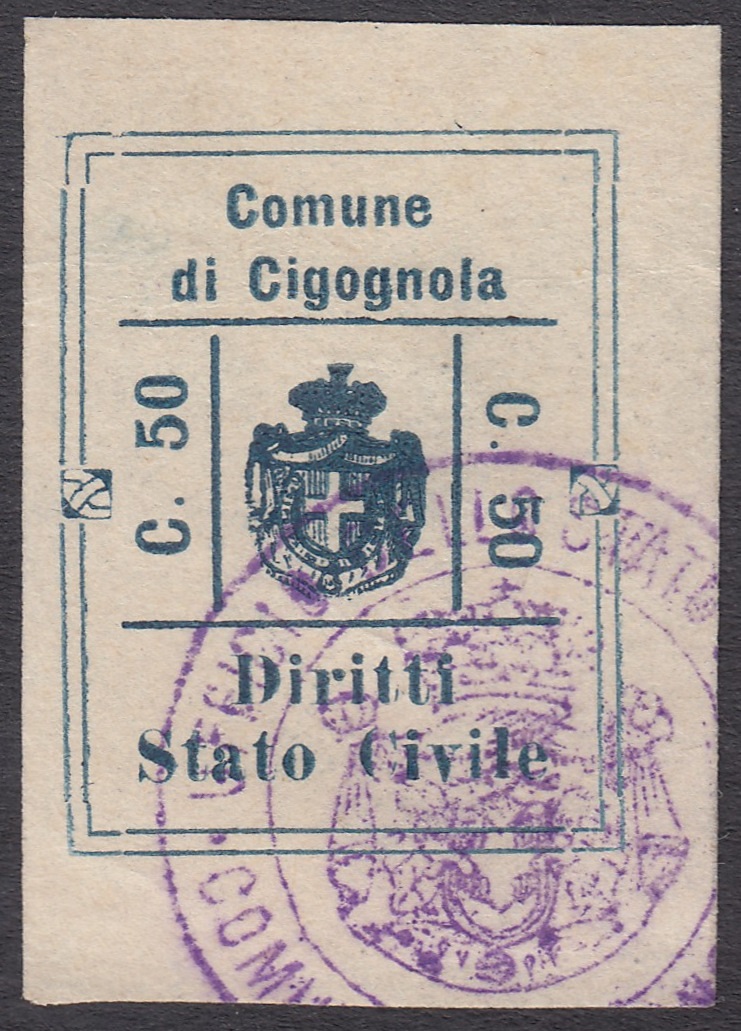 Marca da Bollo del Comune di CIGOGNOLA su Carta Bianca di dimensioni 22 x 28 mm