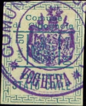 Marca da Bollo del Comune di CIGOGNOLA su Carta Bianca di dimensioni 22 x 28 mm